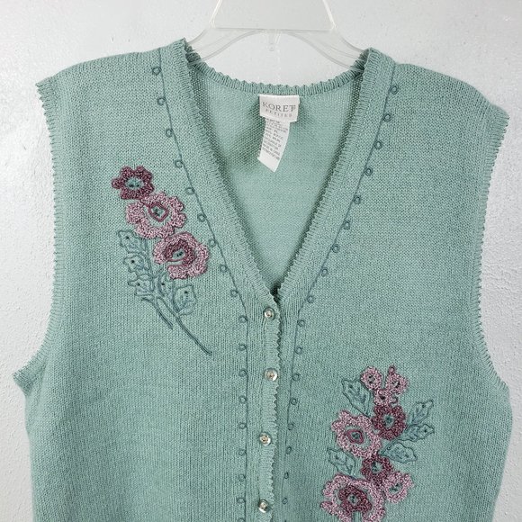 Koret Women's Sea Foam Green Button Floral Embroidered Beaded Knit Sweater Vest - Picture 2 of 12